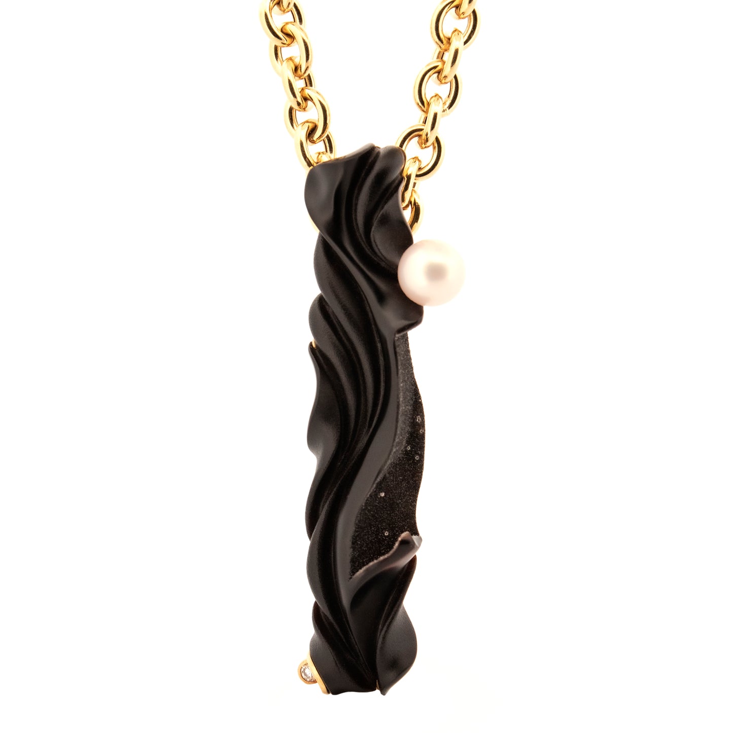 Black Chalcedony Sculpture with Pearl in 18kt Pendant, Enhancer, & Brooch