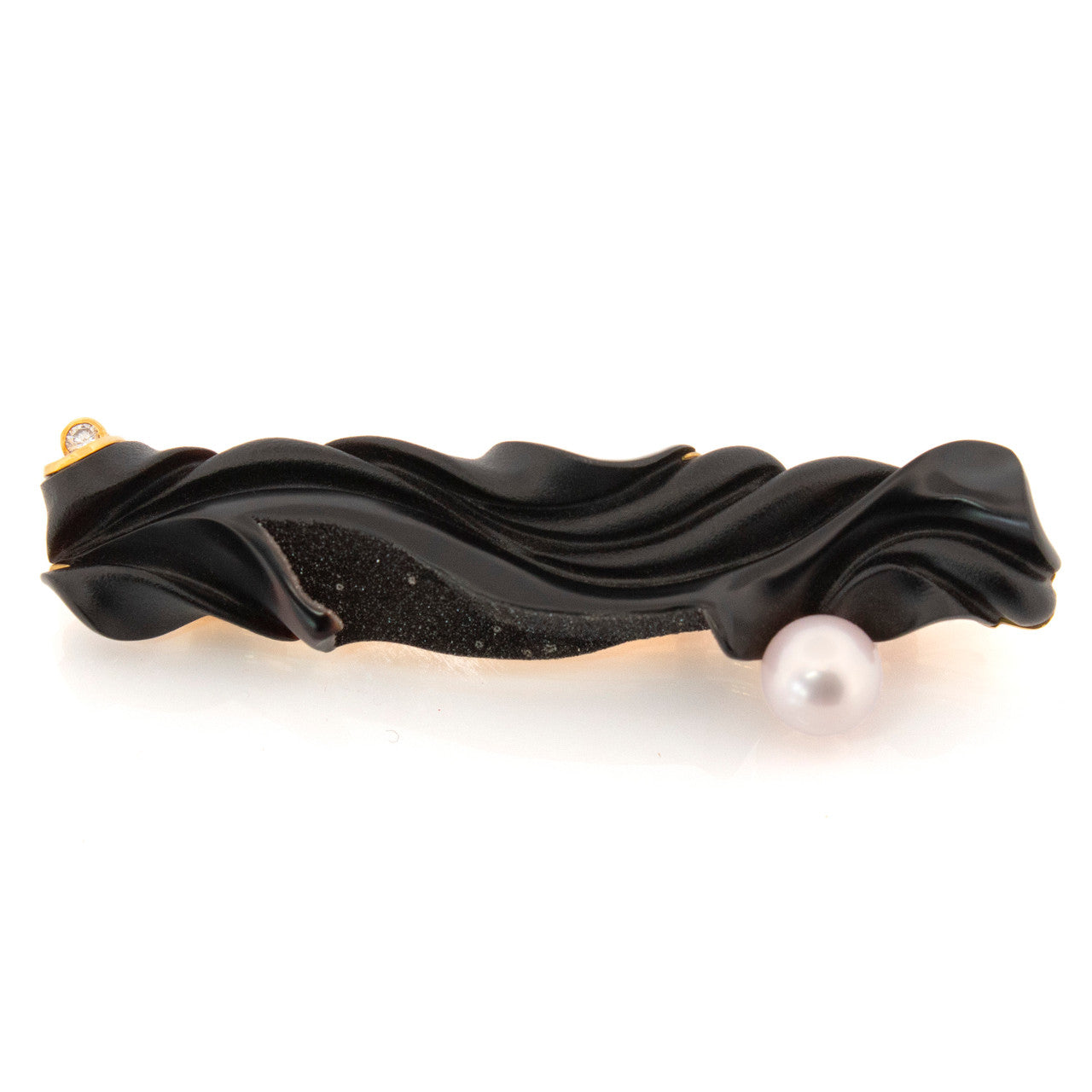Black Chalcedony Sculpture with Pearl in 18kt Pendant, Enhancer, & Brooch