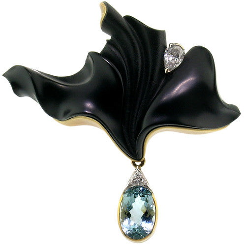 Black Chalcedony Sculpture with Aquamarine in 18kt Pendant, Enhancer, & Brooch