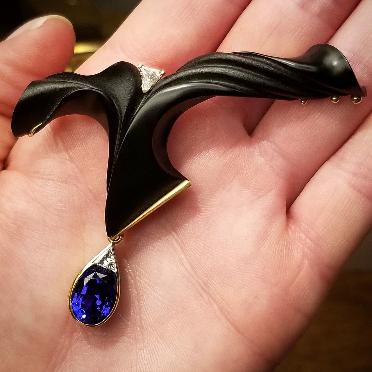 Steve Walters Carved Chalcedony and Tanzanite 18kt Pendant & Brooch made in USA by ART Guyon for Cynthia Scott Jewelry