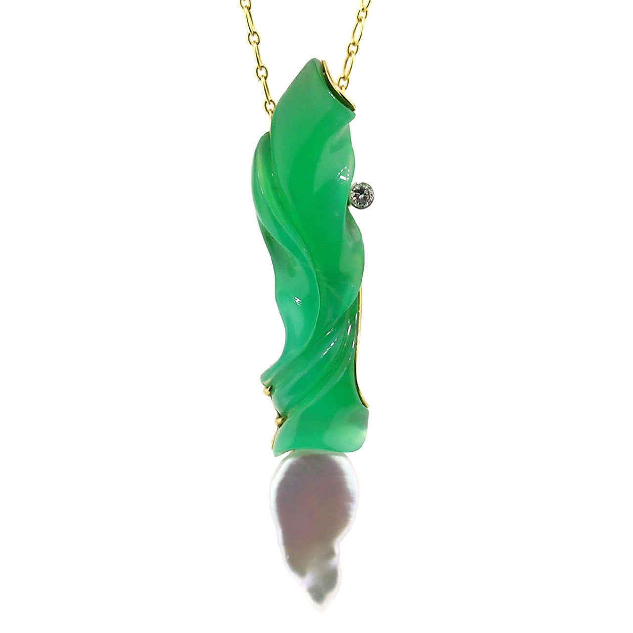 Baroque Pearl & Steve Walters Carved Chrysoprase 18kt Pendant Enhancer & Brooch Pin made in USA for Cynthia Scott Jewelry