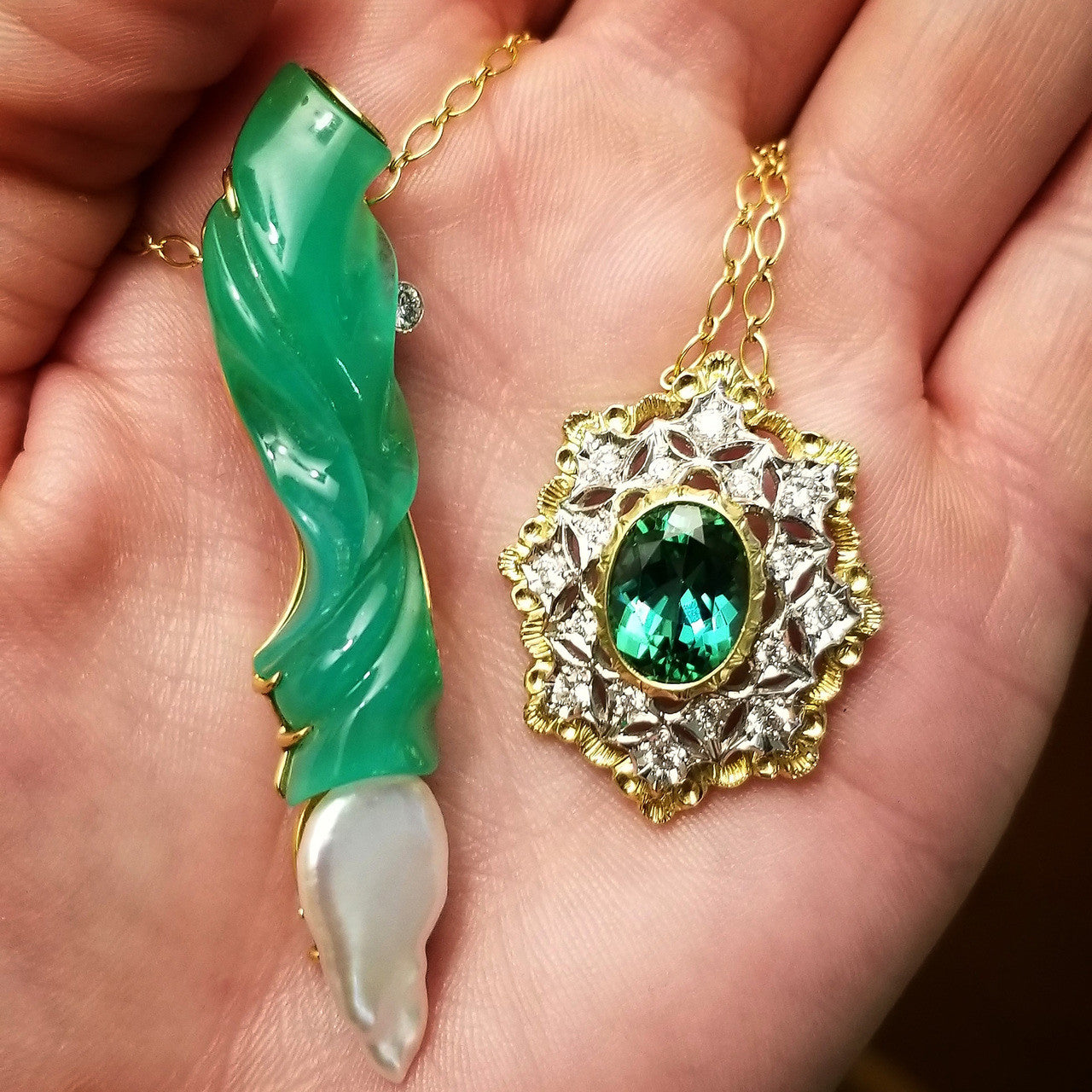 Baroque Pearl & Steve Walters Carved Chrysoprase 18kt Pendant Enhancer & Brooch Pin made in USA for Cynthia Scott Jewelry