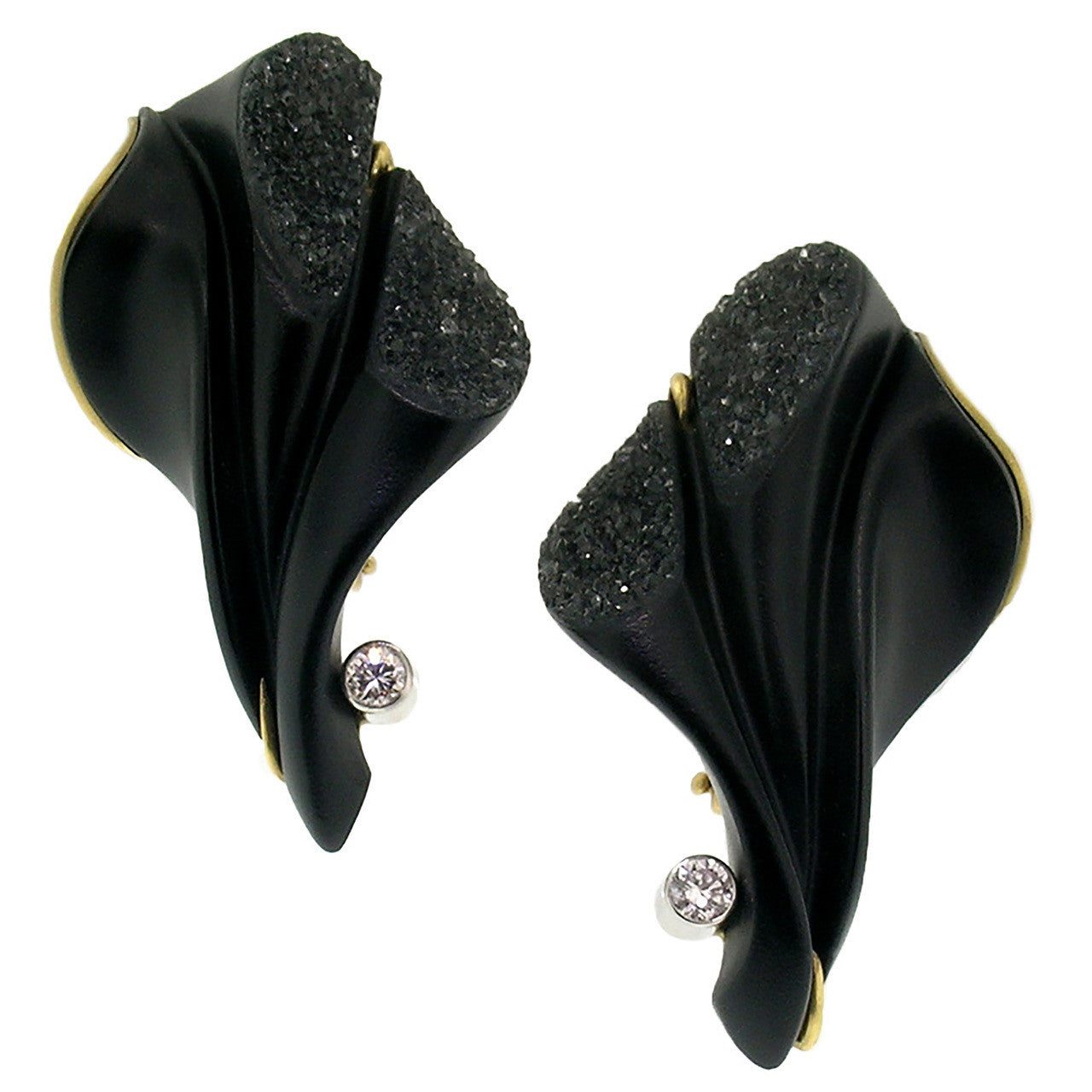 Steve Walters Carved Black Chalcedony Diamond 18kt Earrings made in USA for Cynthia Scott Jewelry