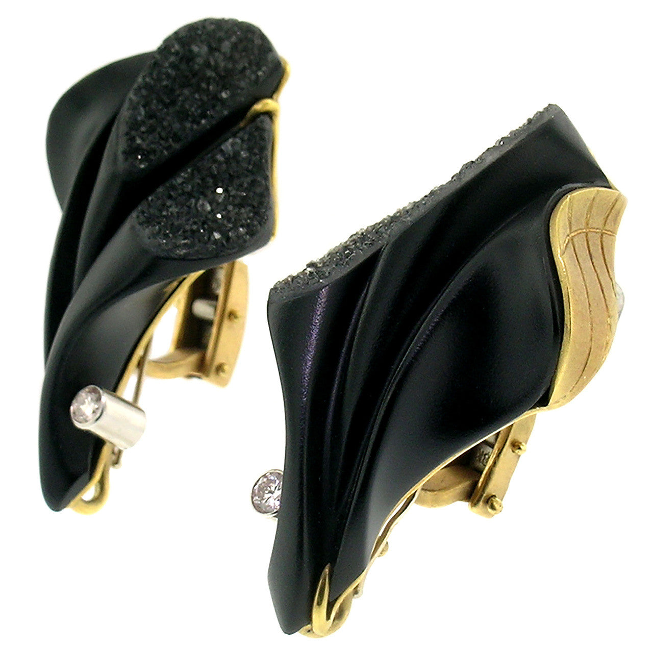 Steve Walters Carved Black Chalcedony Diamond 18kt Earrings made in USA for Cynthia Scott Jewelry