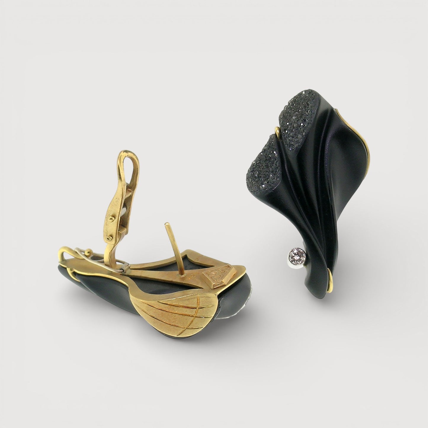 Black Chalcedony and Druse Carvings by Steve Walters in Diamond and 18kt Earrings made in USA by ART Guyon for Cynthia Scott Jewelry.