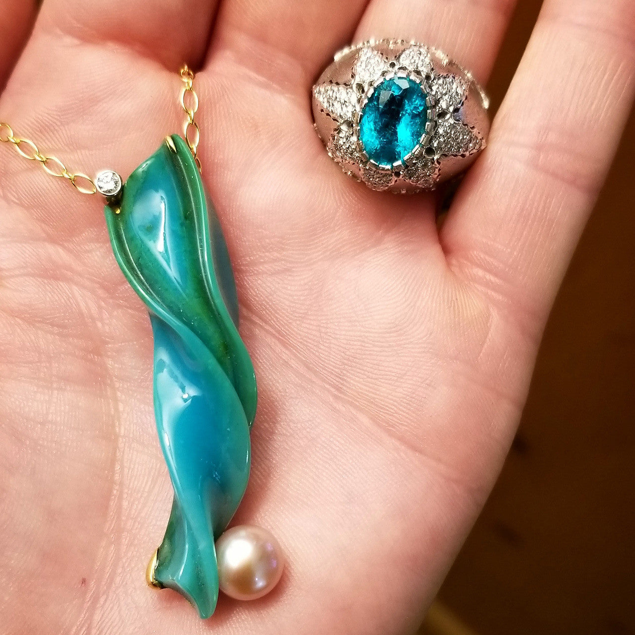 Steve Walters Carved Gem Silica Chrysocolla 18kt Pendant Enhancer & Brooch made in USA by ART Guyon for Cynthia Scott Jewelry
