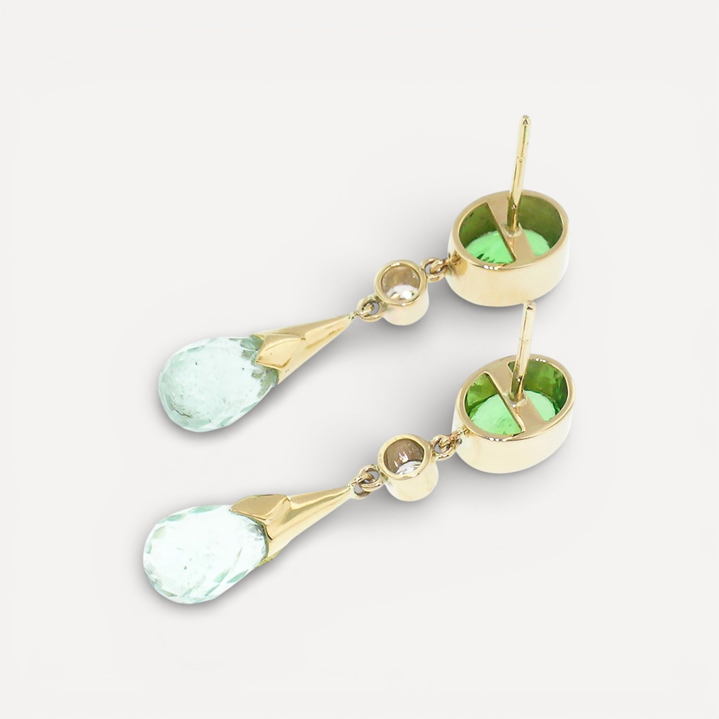 Tsavorite Garnet and Mint Green Tourmaline 18kt and Diamond Earrings made in USA by Cynthia Scott Jewelry