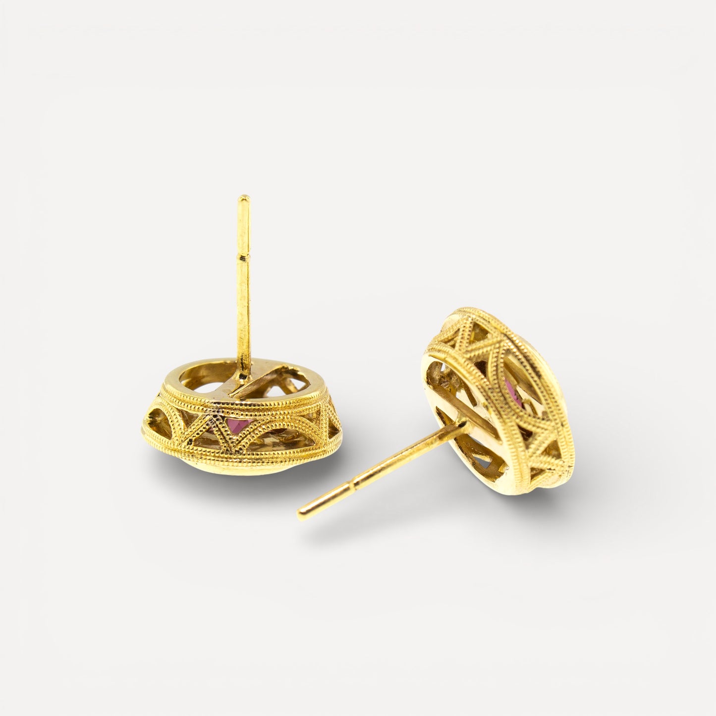 18kt Gold Engraved Earrings, set with a pair of Rhodolite Garnets. Made in the USA for Cynthia Scott Jewelry.