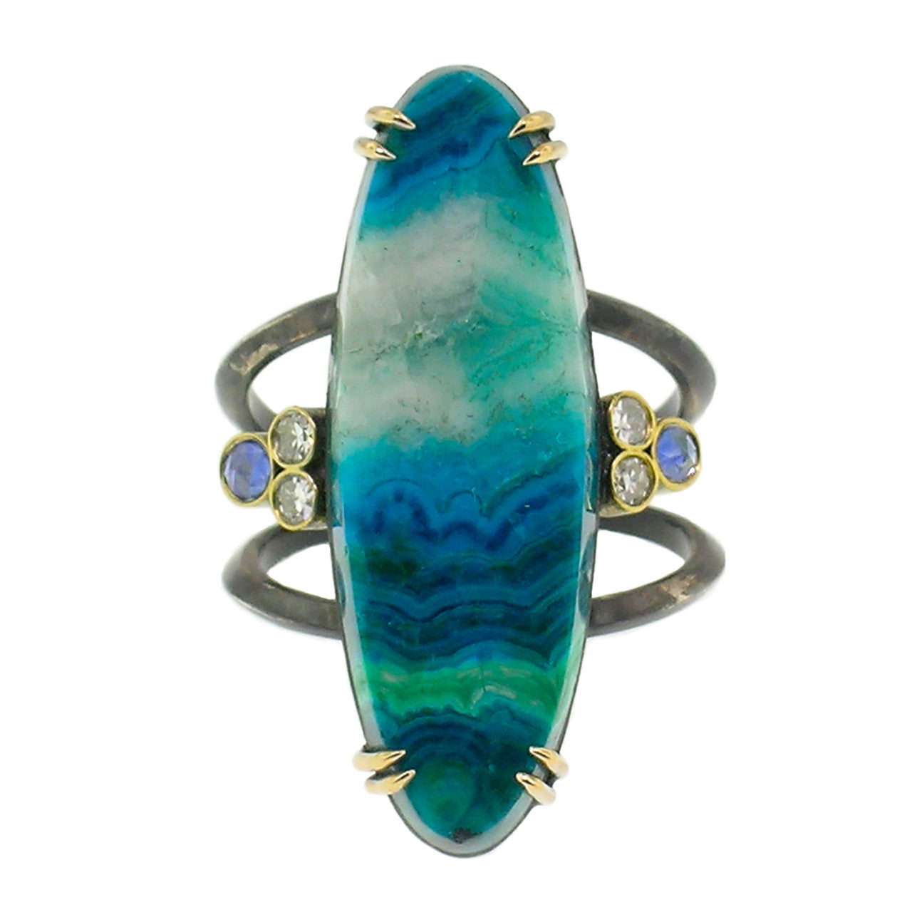 18kt and Sterling Shield Ring in Malachite, Chrysocolla, & Quartz made in USA by Cynthia Scott Jewelry