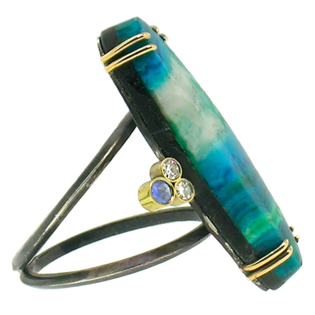 18kt and Sterling Shield Ring in Malachite, Chrysocolla, & Quartz made in USA by Cynthia Scott Jewelry