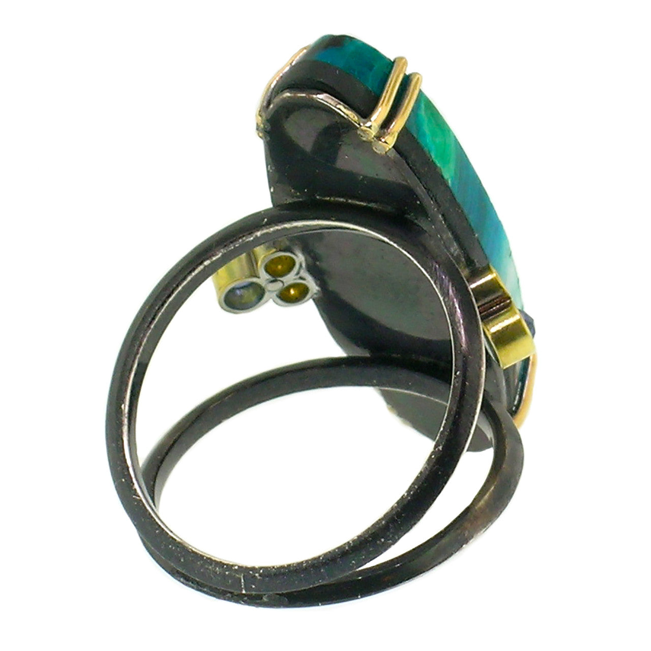 18kt and Sterling Shield Ring in Malachite, Chrysocolla, & Quartz made in USA by Cynthia Scott Jewelry