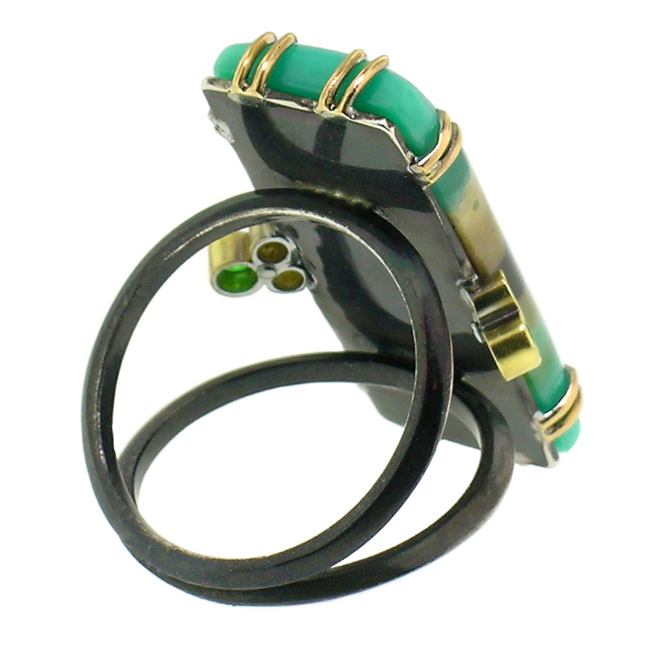 18kt and Sterling Silver Shield Ring in Opalized Fossil Wood made in USA by Cynthia Scott Jewelry