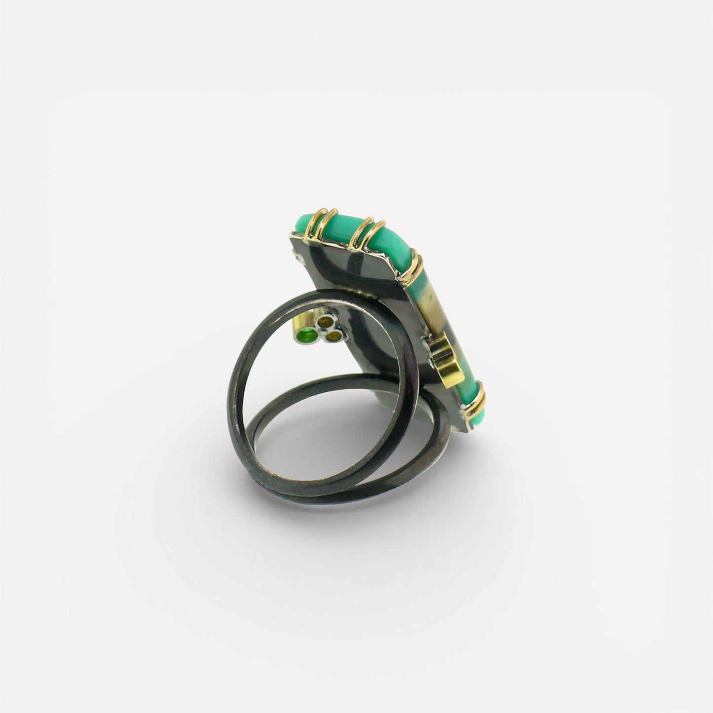 18kt and Sterling Silver Shield Ring in Opalized Fossil Wood made in USA by Cynthia Scott Jewelry