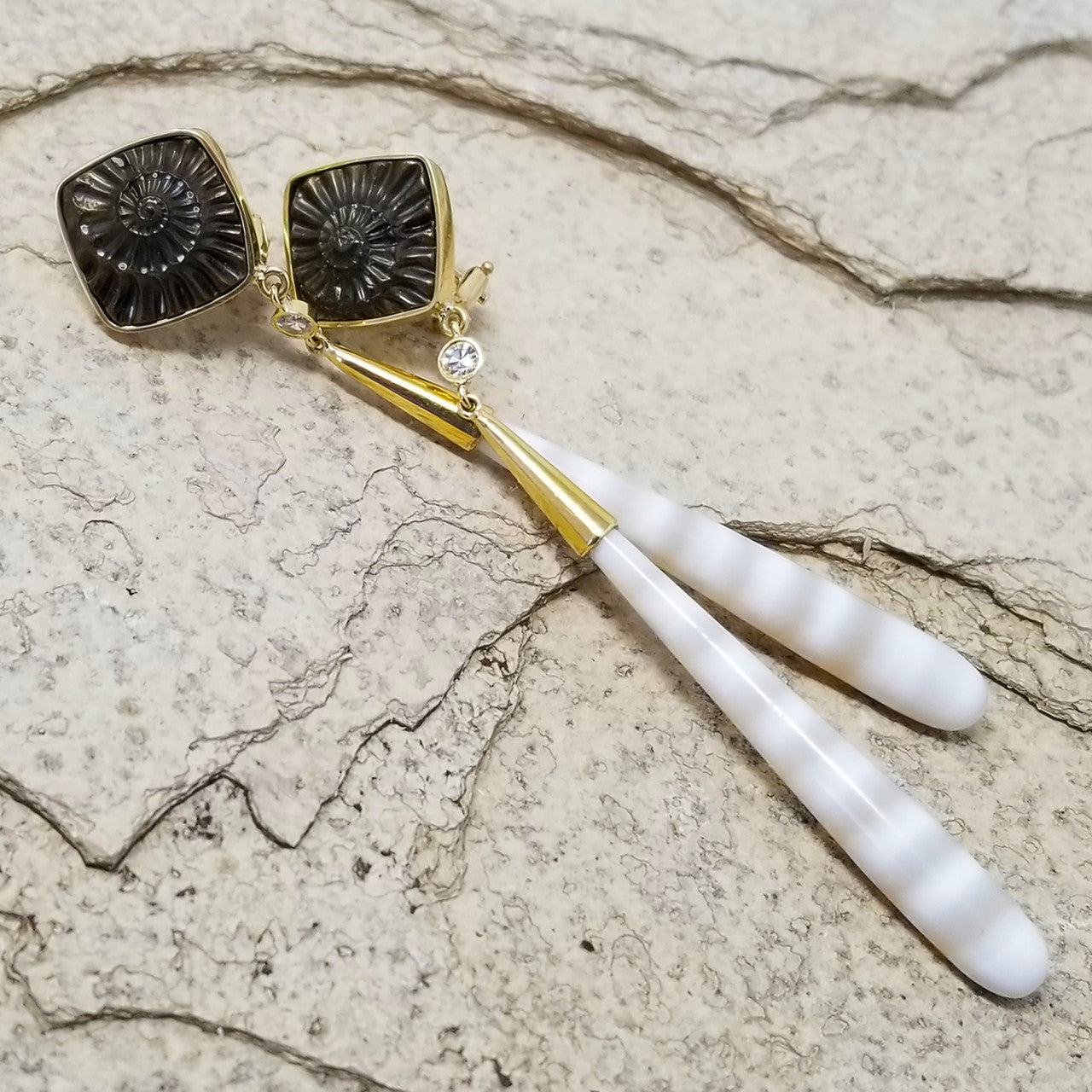 Fossil Ammonite Negative and Banded Agate 18kt Earrings made in USA by Cynthia Scott Jewelry