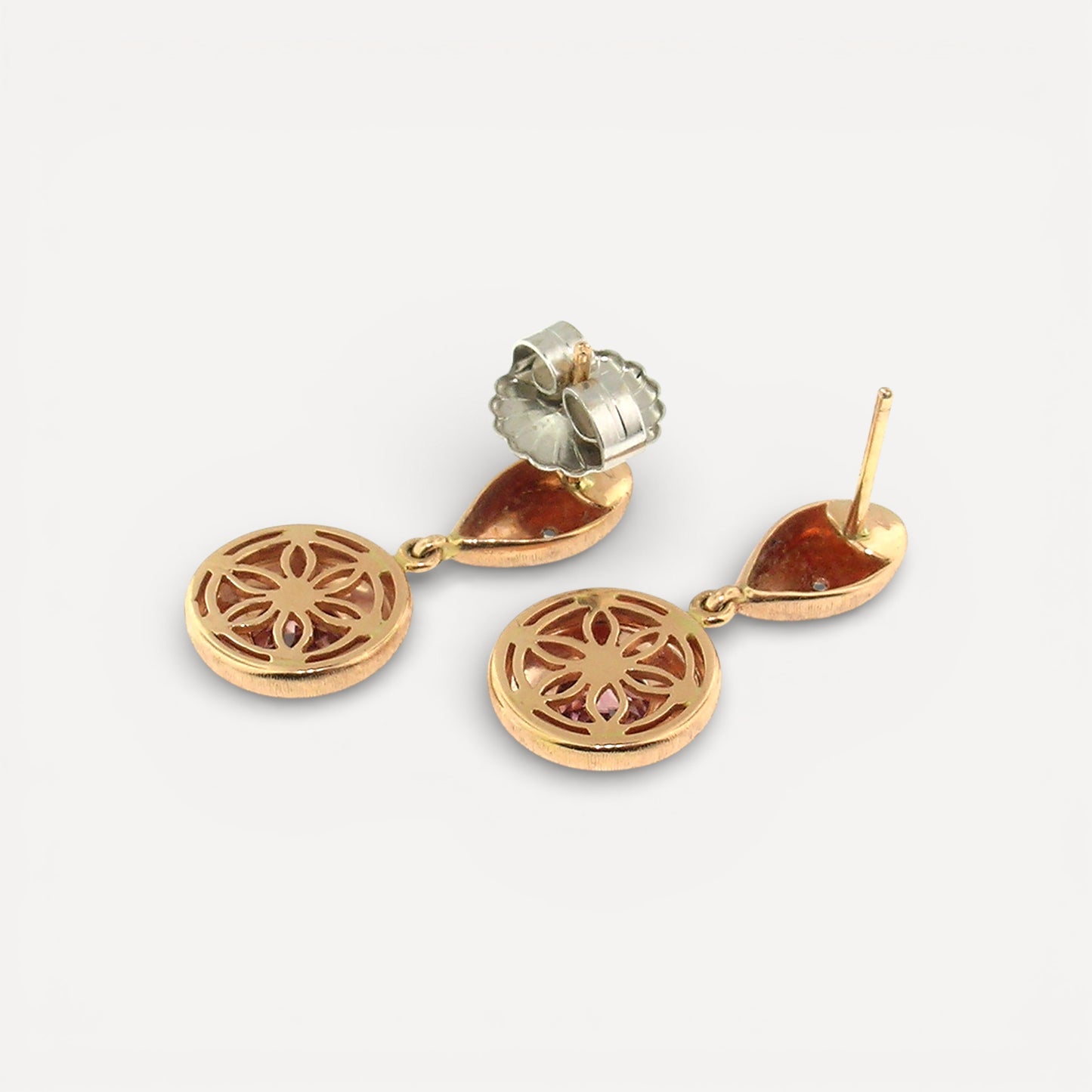 Tanzanian Pink Zircon 18kt Bianca Florentine Engraved Drop Earrings made in Florence, Italy by Cynthia Scott Jewelry.