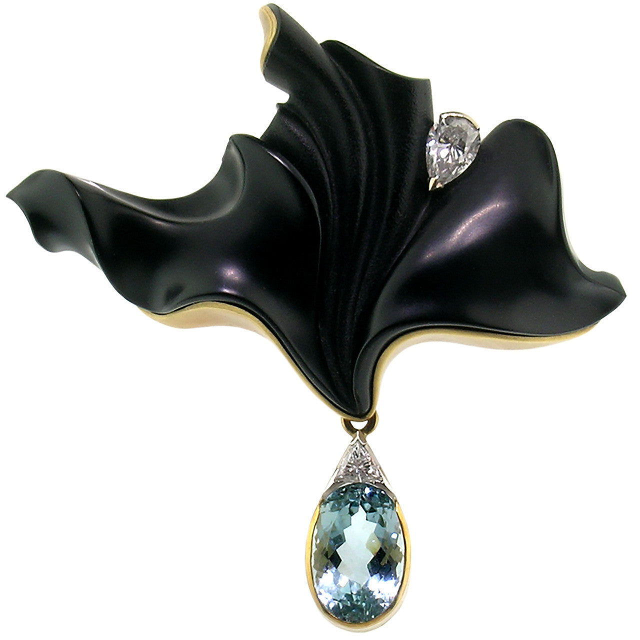 Steve Walters Carved Chalcedony and Aquamarine 18kt Pendant & Brooch made in USA by ART Guyon for Cynthia Scott Jewelry