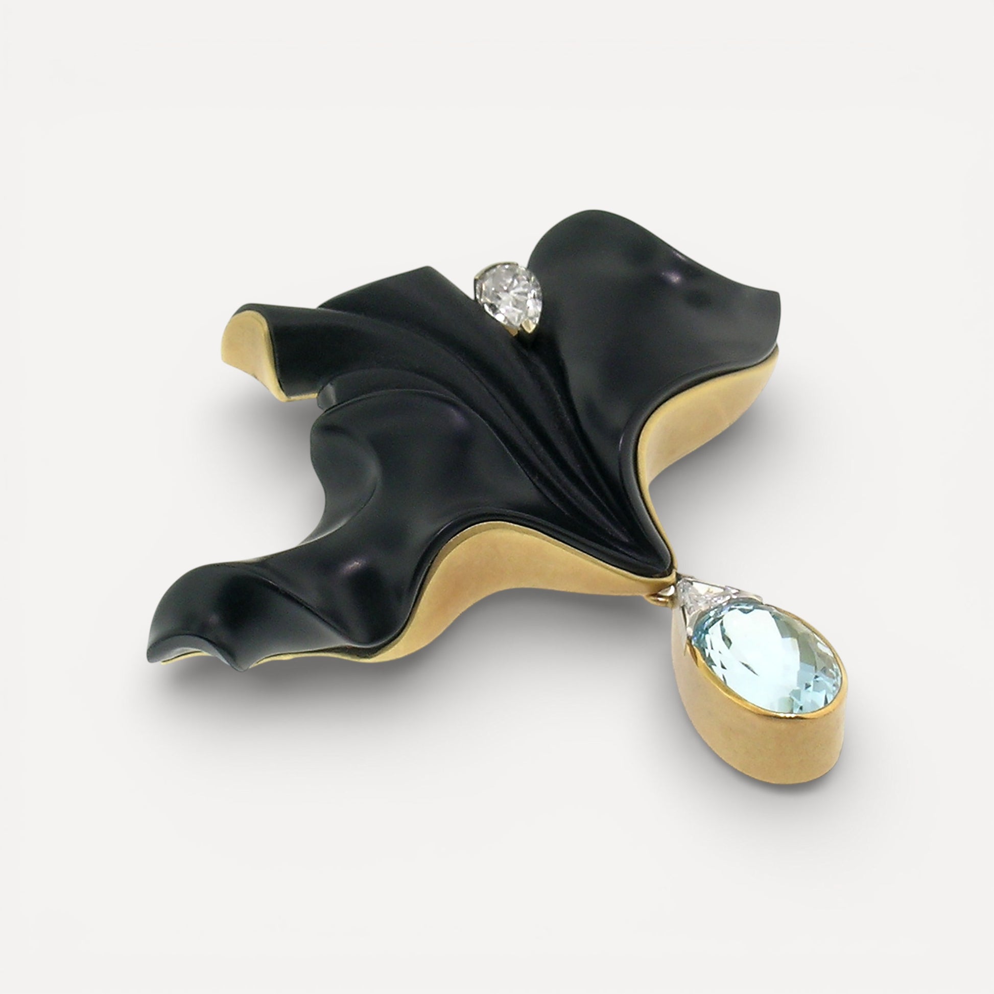 Chalcedony Carving by Steve Walters in an 18kt Brooch and Pendant with an Aquamarine Drop by ART Guyon for Cynthia Scott Jewelry