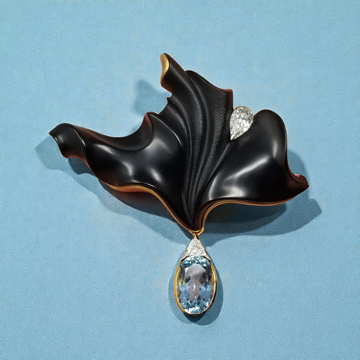 Chalcedony Carving by Steve Walters in an 18kt Brooch and Pendant with an Aquamarine Drop by ART Guyon for Cynthia Scott Jewelry