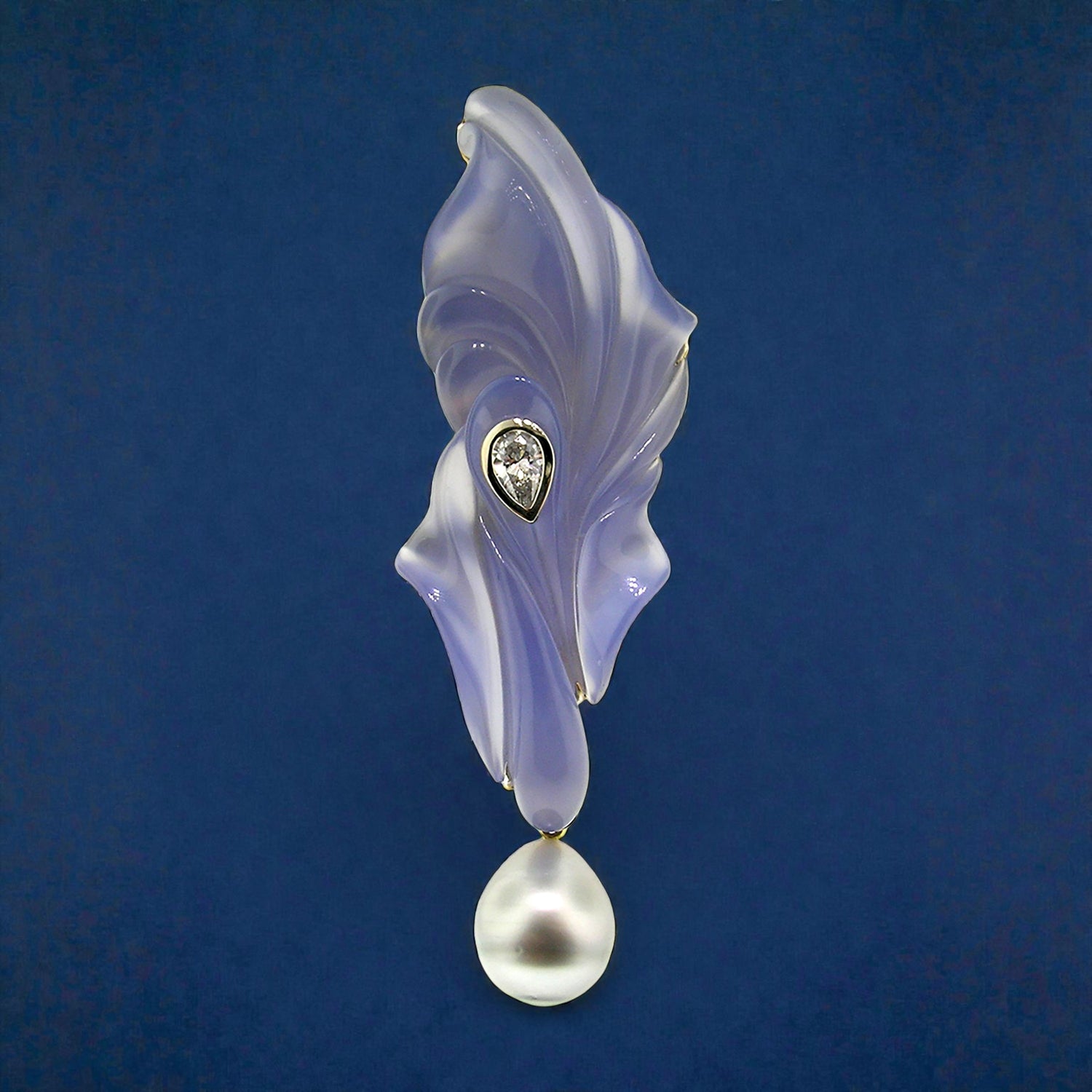 South Sea Pearl & Steve Walters Carved Blue Chalcedony 18kt Pendant Enhancer & Brooch Pin made in USA for Cynthia Scott Jewelry