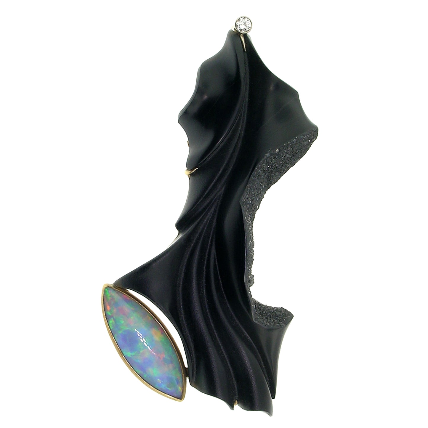Black Chalcedony Sculpture with Opal in 18kt Pendant, Enhancer, & Brooch