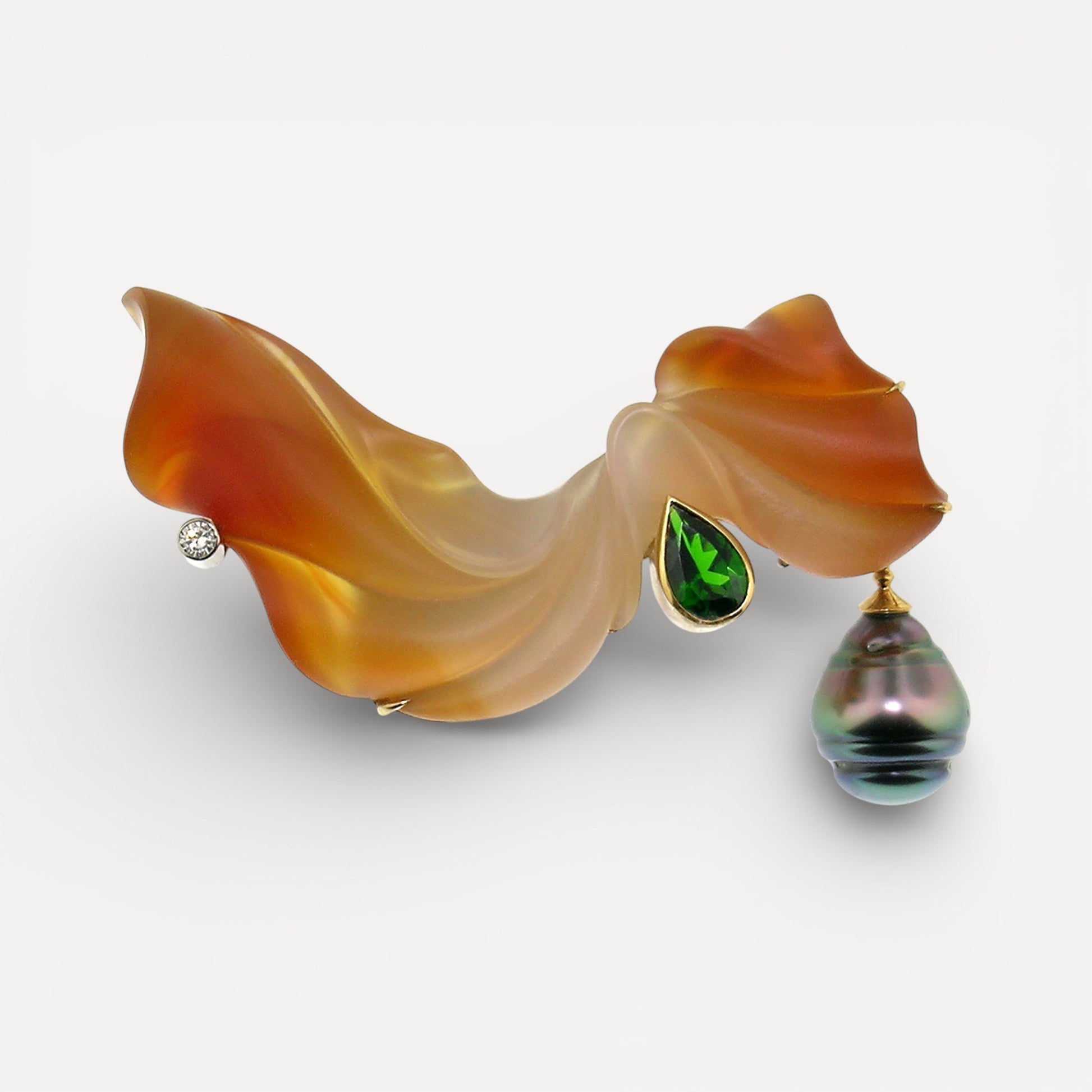 Steve Walters Carved Carnelian, Chrome Diopside, and Tahitian Pearl 18kt Pendant & Brooch made in USA by ART Guyon for Cynthia Scott Jewelry