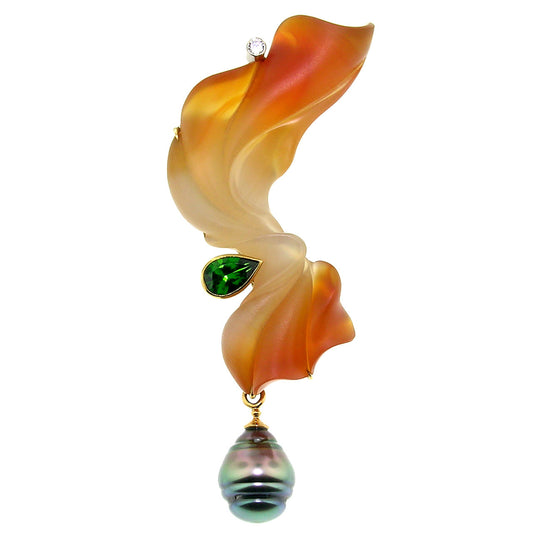 Steve Walters Carved Carnelian, Chrome Diopside, and Tahitian Pearl 18kt Pendant & Brooch made in USA by ART Guyon for Cynthia Scott Jewelry