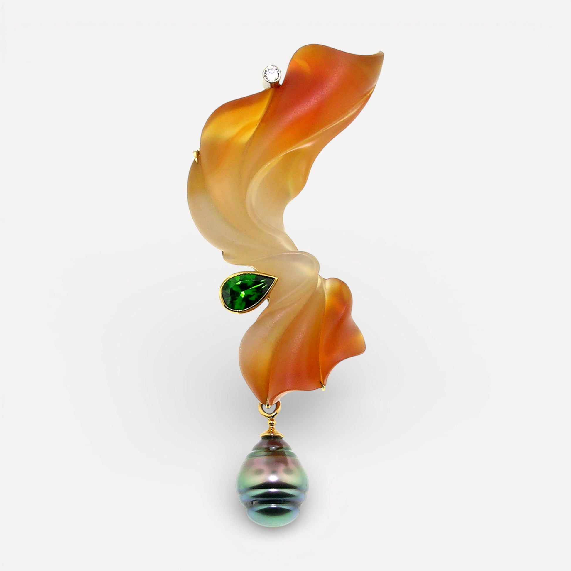Steve Walters Carved Carnelian, Chrome Diopside, and Tahitian Pearl 18kt Pendant & Brooch made in USA by ART Guyon for Cynthia Scott Jewelry