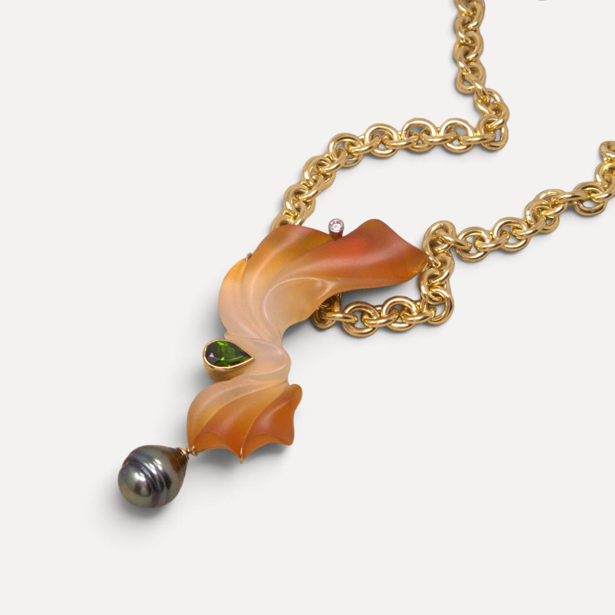 Steve Walters Carved Carnelian, Chrome Diopside, and Tahitian Pearl 18kt Pendant & Brooch made in USA by ART Guyon for Cynthia Scott Jewelry