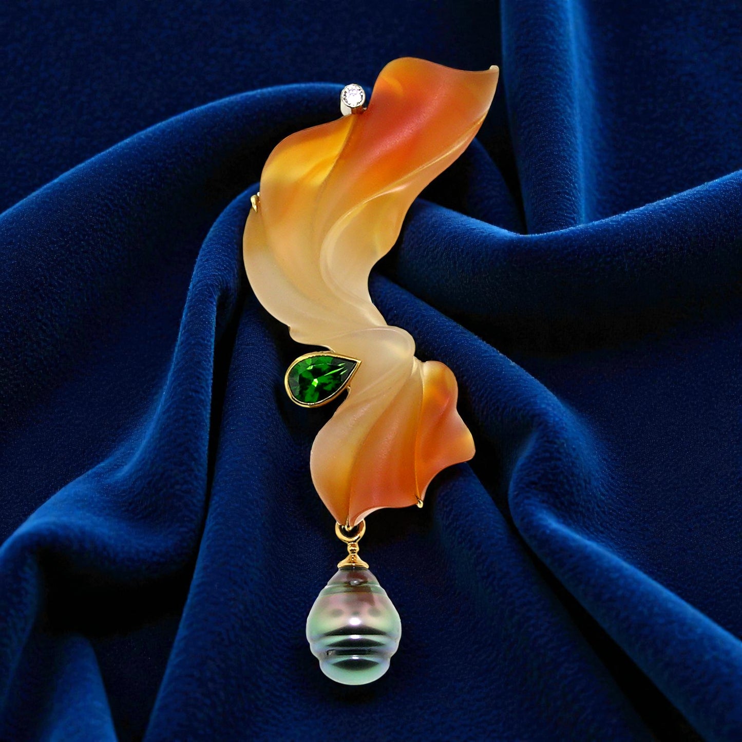 Steve Walters Carved Carnelian, Chrome Diopside, and Tahitian Pearl 18kt Pendant & Brooch made in USA by ART Guyon for Cynthia Scott Jewelry