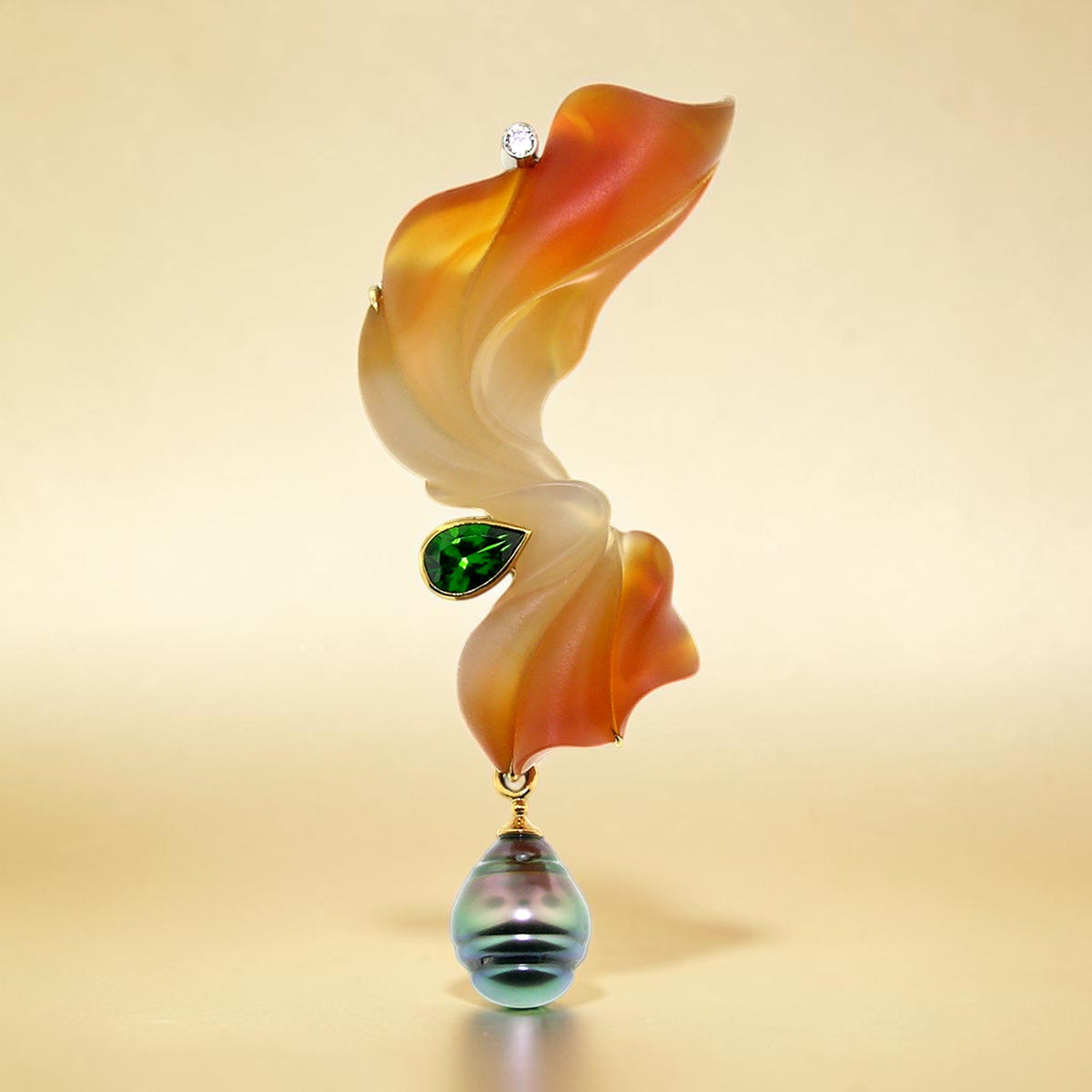 Steve Walters Carved Carnelian, Chrome Diopside, and Tahitian Pearl 18kt Pendant & Brooch made in USA by ART Guyon for Cynthia Scott Jewelry