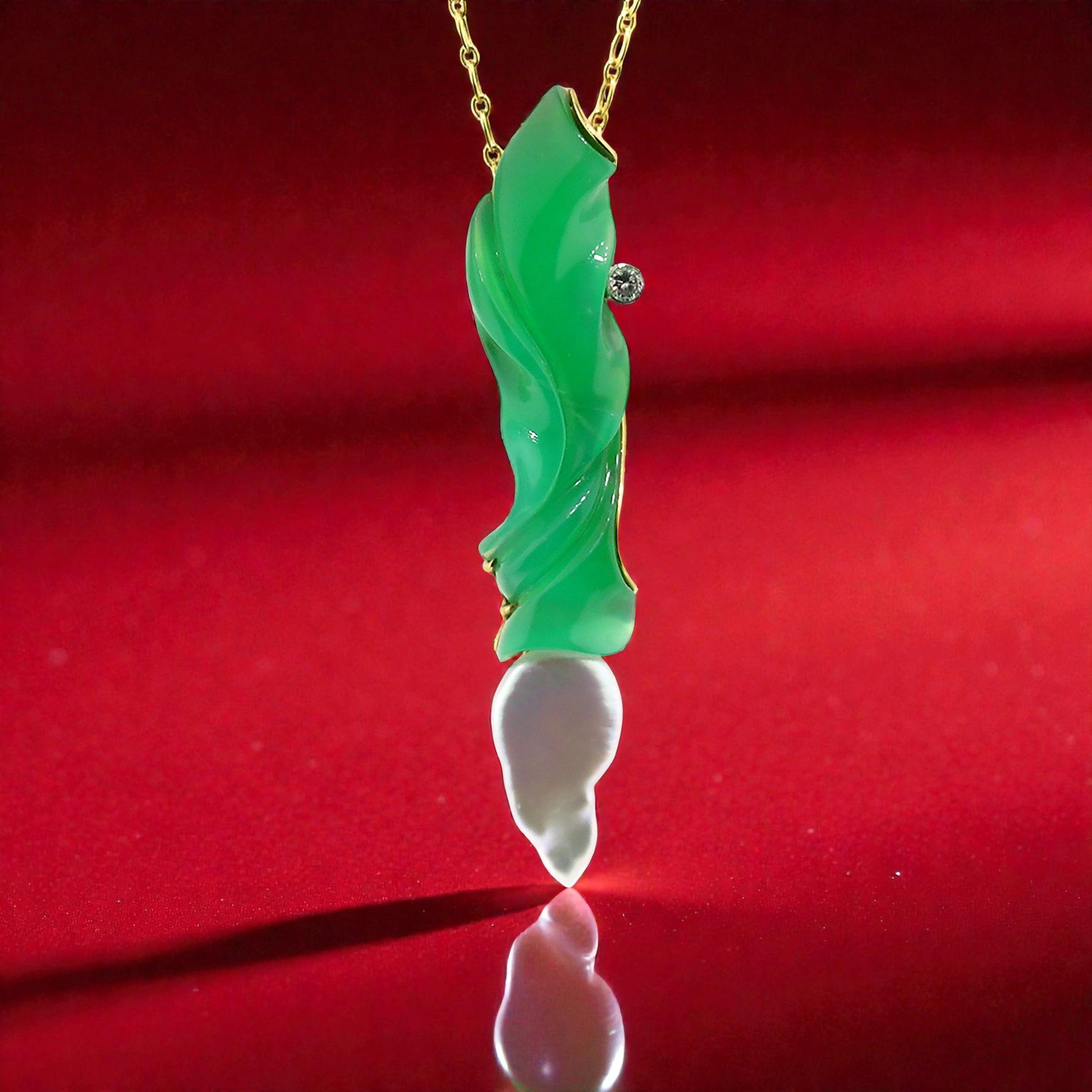 Baroque Pearl & Steve Walters Carved Chrysoprase 18kt Pendant Enhancer & Brooch Pin made in USA by ART Guyon for Cynthia Scott Jewelry