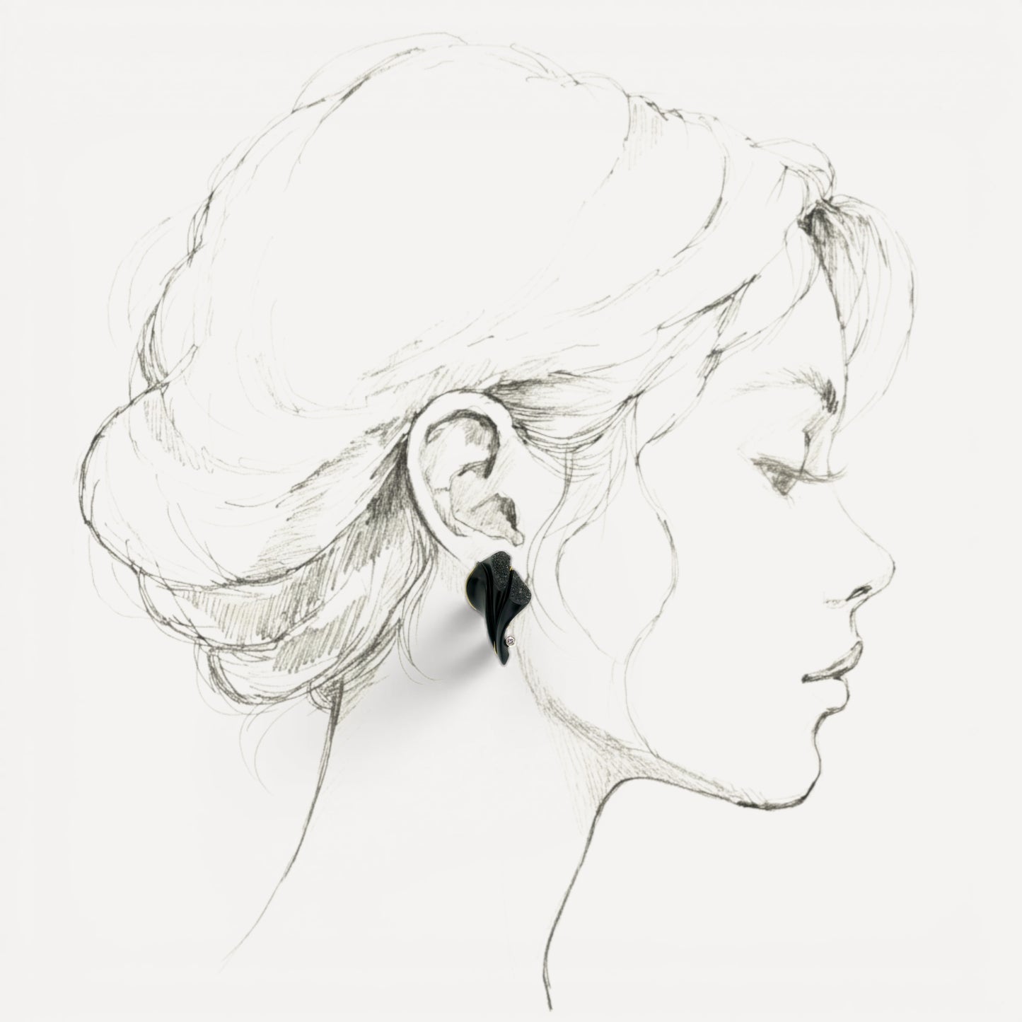 Black Chalcedony and Druse Carvings by Steve Walters in Diamond and 18kt Earrings made in USA by ART Guyon for Cynthia Scott Jewelry.