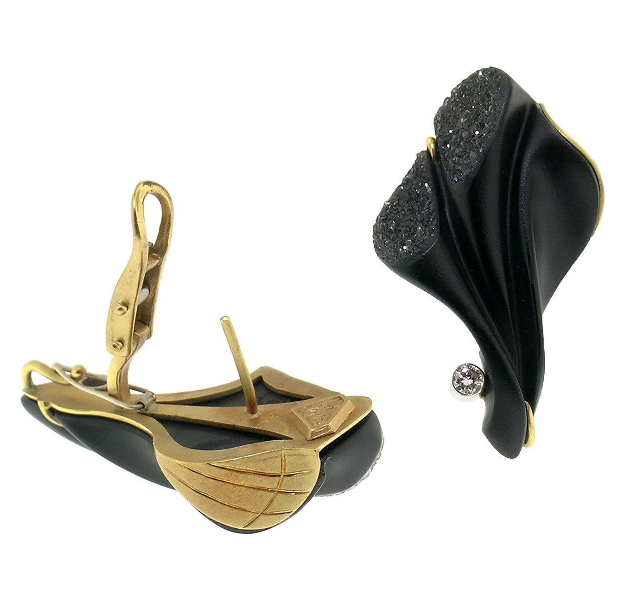 Steve Walters Carved Black Chalcedony Diamond 18kt Earrings made in USA for Cynthia Scott Jewelry