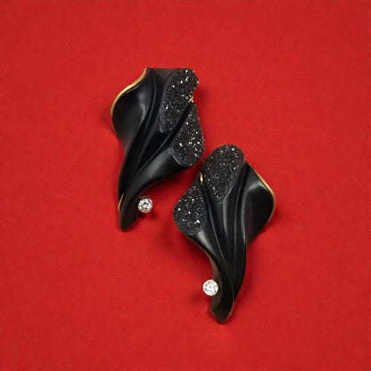 Black Chalcedony and Druse Carvings by Steve Walters in Diamond and 18kt Earrings made in USA by ART Guyon for Cynthia Scott Jewelry.