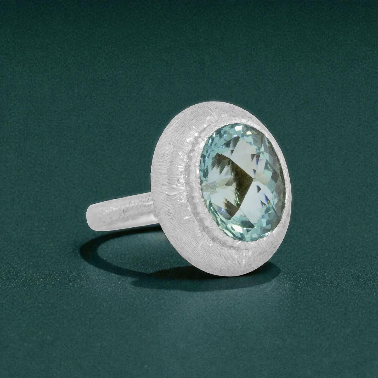 Aquamarine 18kt Bianca Florentine Engraved Ring made in Florence, Italy by Cynthia Scott Jewelry