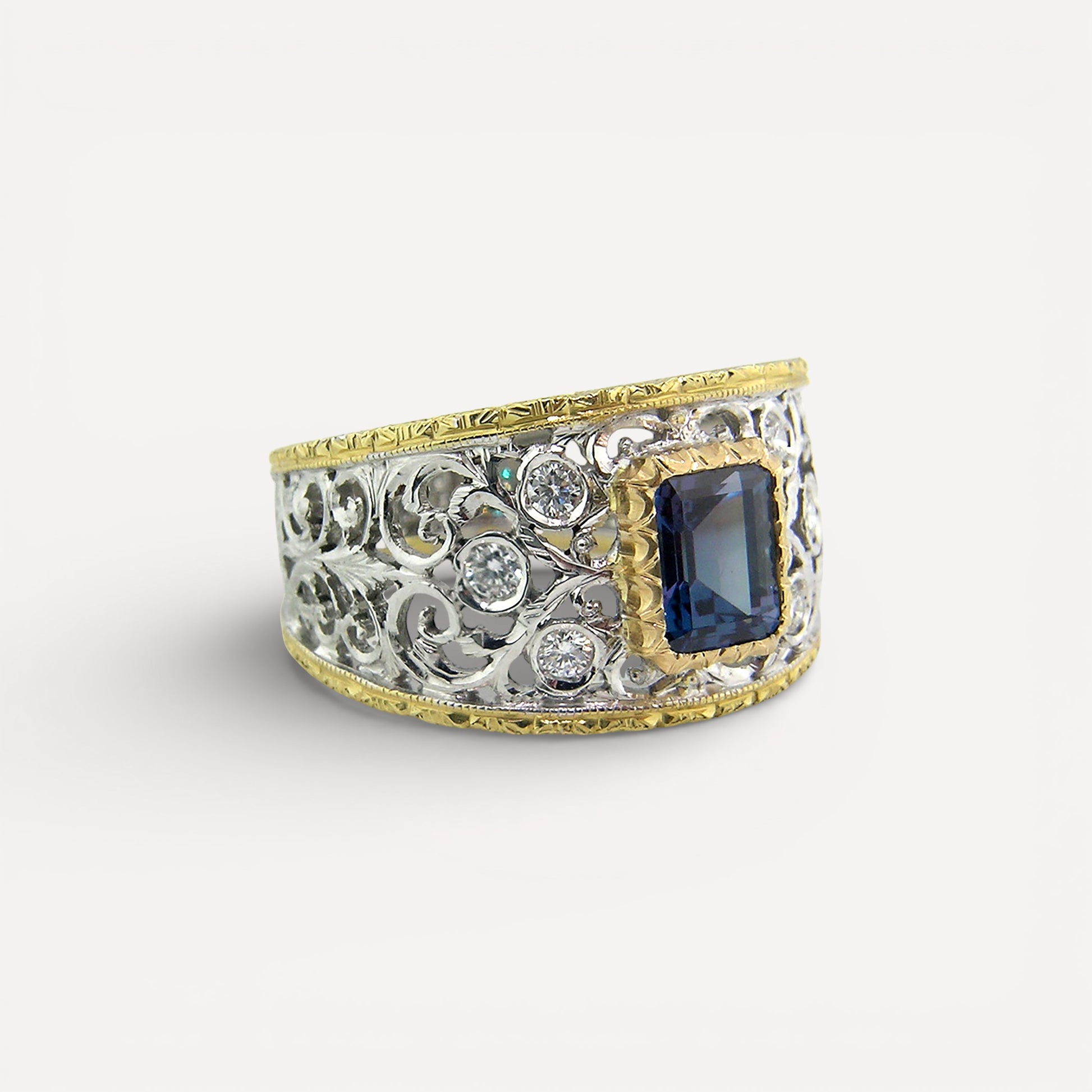 Brazilian Alexandrite in Florentine Engraved Contessa 18kt Ring made in Florence, Italy for Cynthia Scott Jewelry