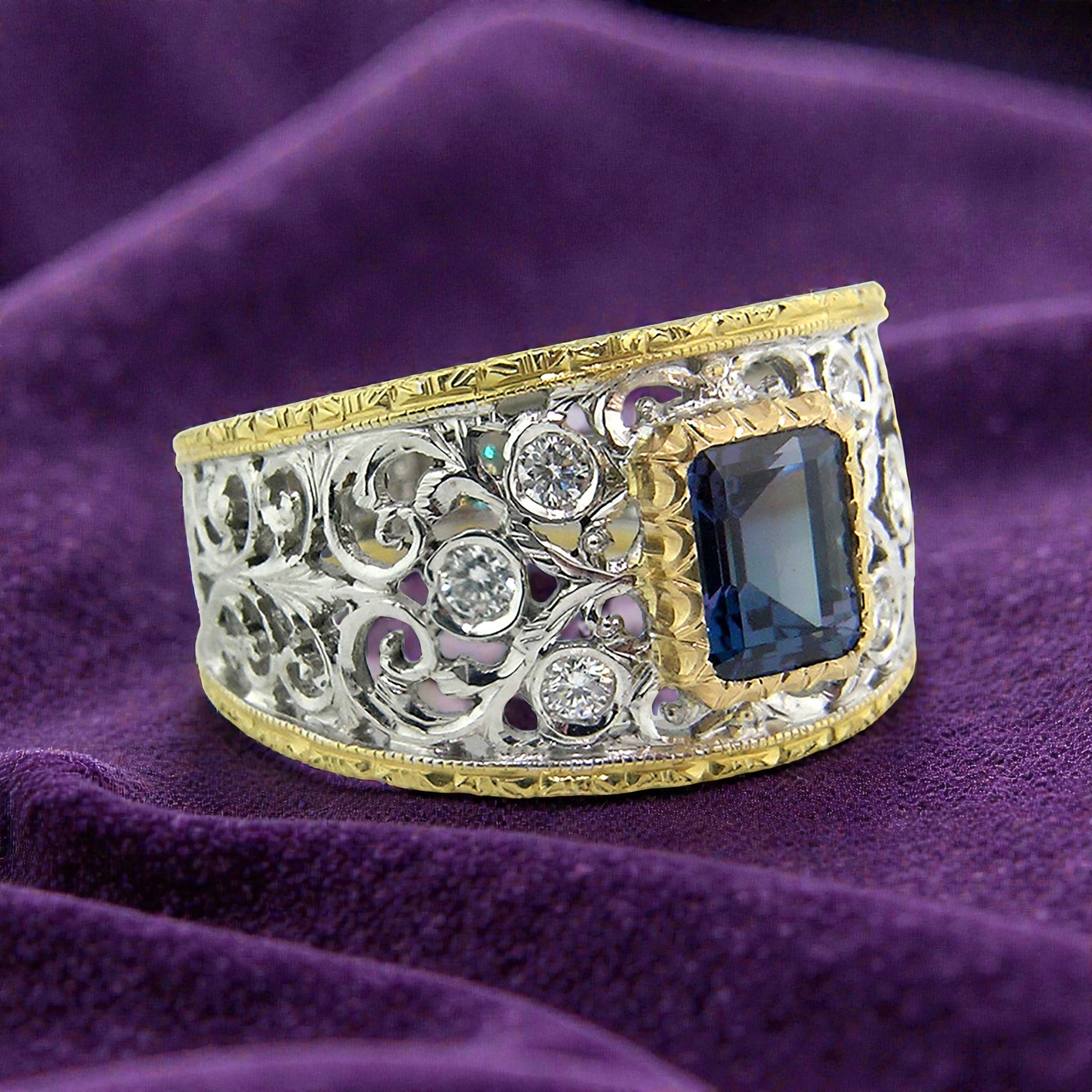 Brazilian Alexandrite in Florentine Engraved Contessa 18kt Ring made in Florence, Italy for Cynthia Scott Jewelry
