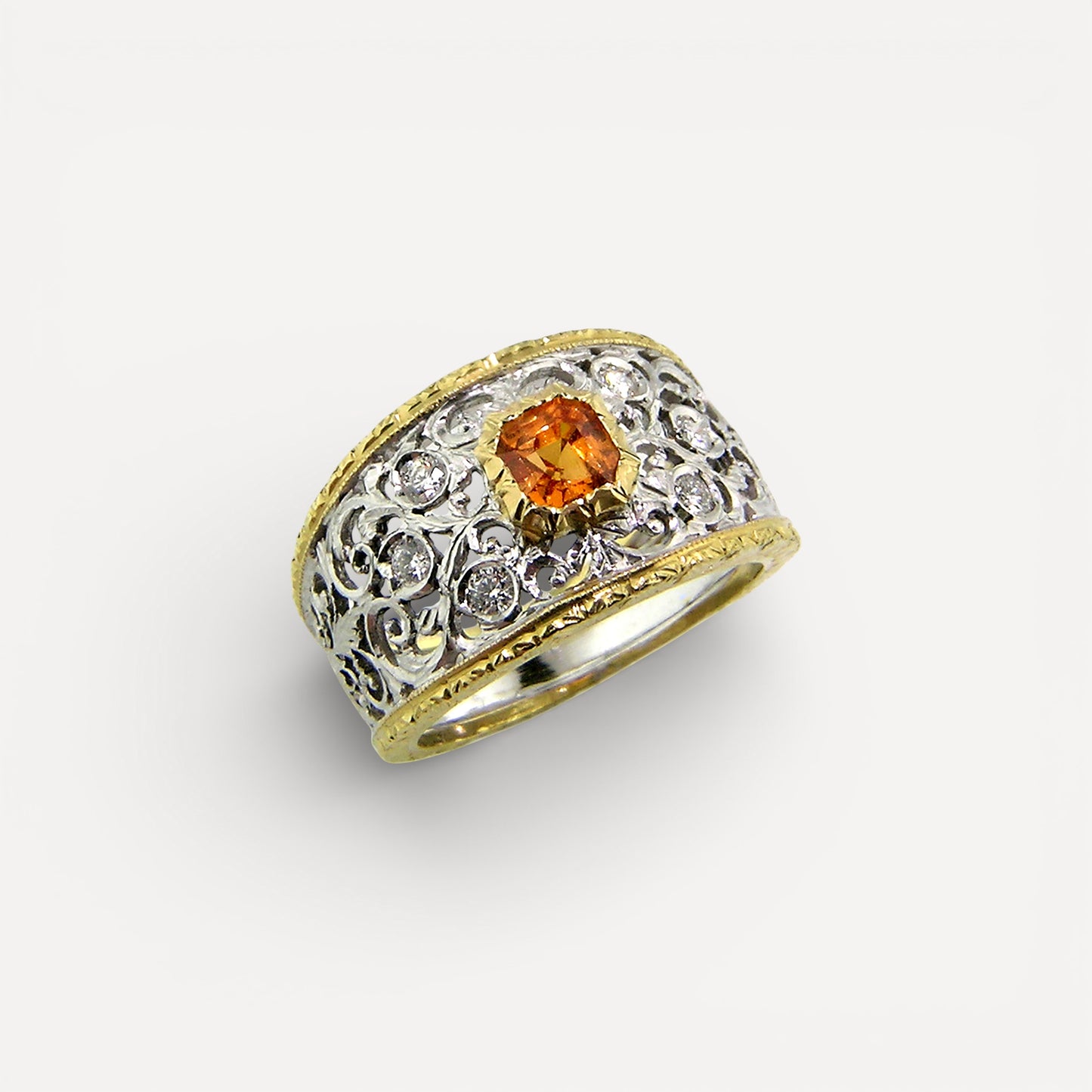 Mandarin Garnet in Florentine Engraved 18kt Contessa Ring made in Florence, Italy by Cynthia Scott Jewelry.