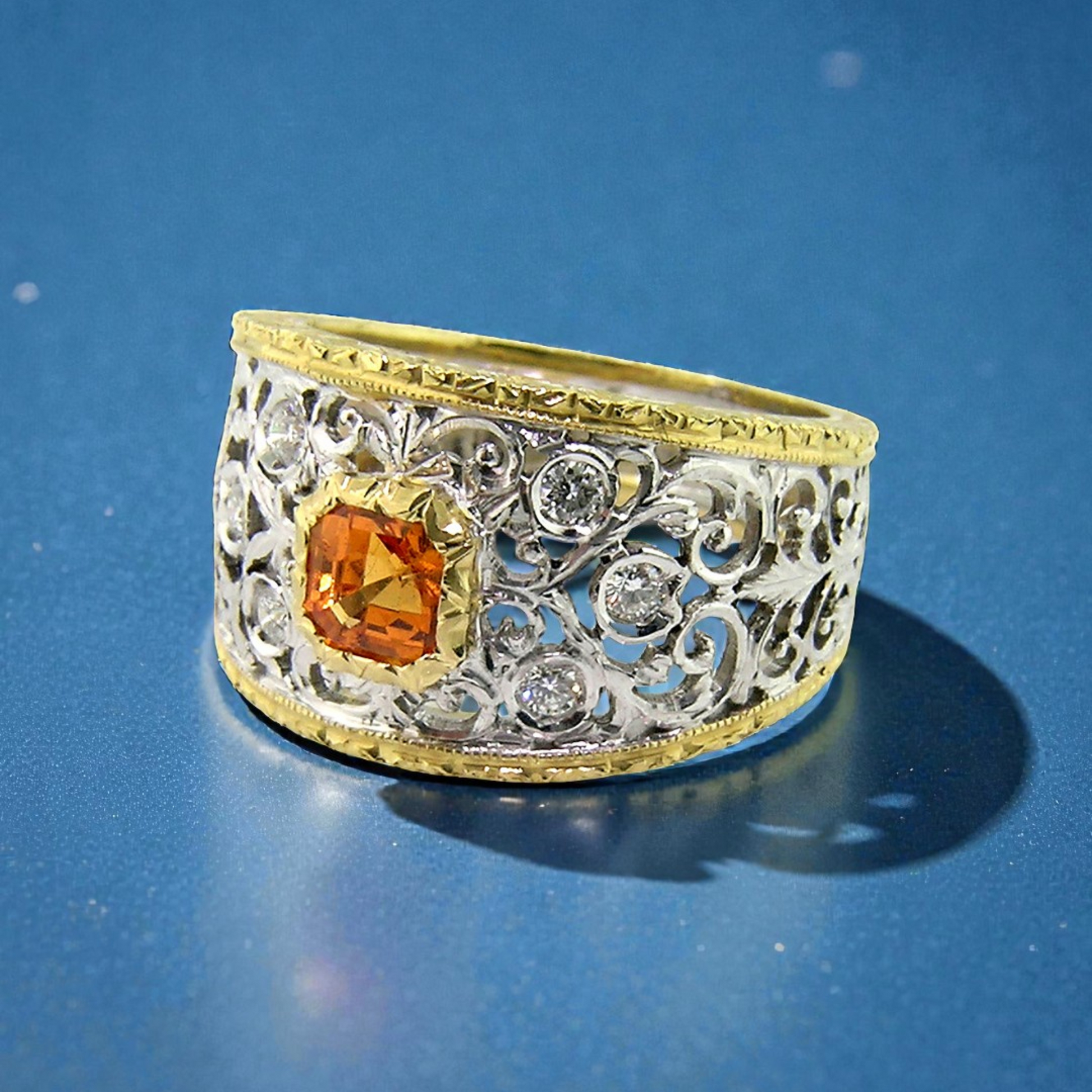 Mandarin Garnet in Florentine Engraved 18kt Contessa Ring made in Florence, Italy by Cynthia Scott Jewelry.