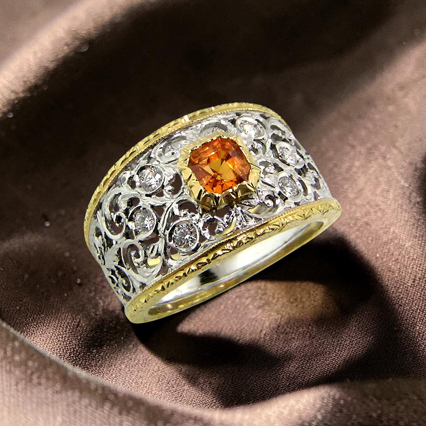 Mandarin Garnet in Florentine Engraved 18kt Contessa Ring made in Florence, Italy by Cynthia Scott Jewelry.