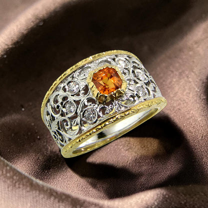 Mandarin Garnet in Florentine Engraved 18kt Contessa Ring made in Florence, Italy by Cynthia Scott Jewelry.