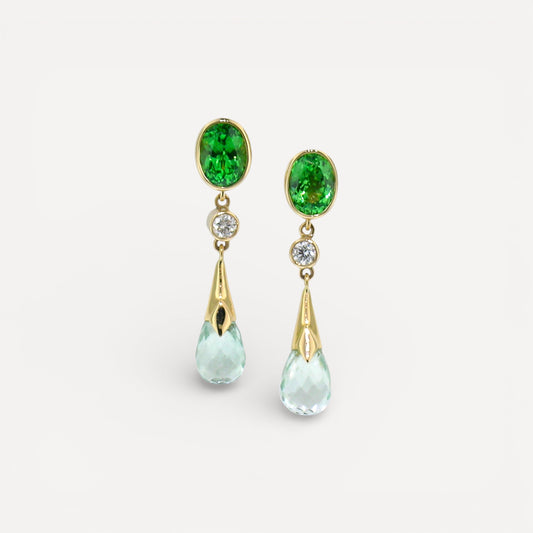 Tsavorite Garnet and Mint Green Tourmaline 18kt and Diamond Earrings made in USA by Cynthia Scott Jewelry