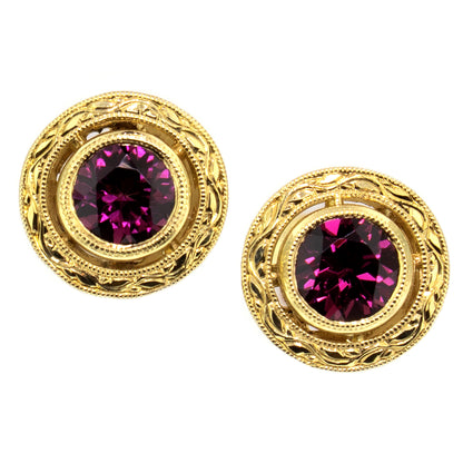 Rhodolite Garnet 18kt Engraved Earrings