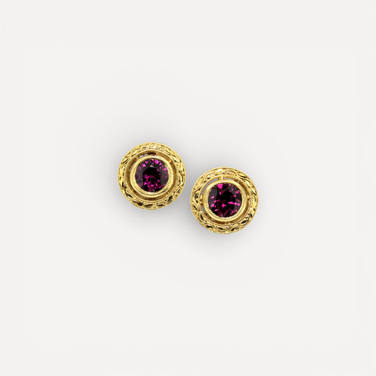 18kt Gold Engraved Earrings, set with a pair of Rhodolite Garnets. Made in the USA for Cynthia Scott Jewelry.