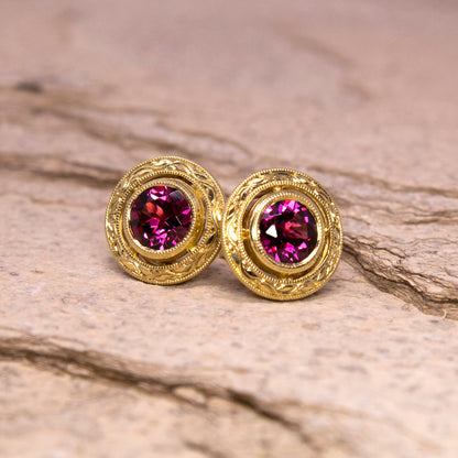 1.98ct Rhodolite Garnet 18kt Engraved Earrings made in USA for Cynthia Scott Jewelry