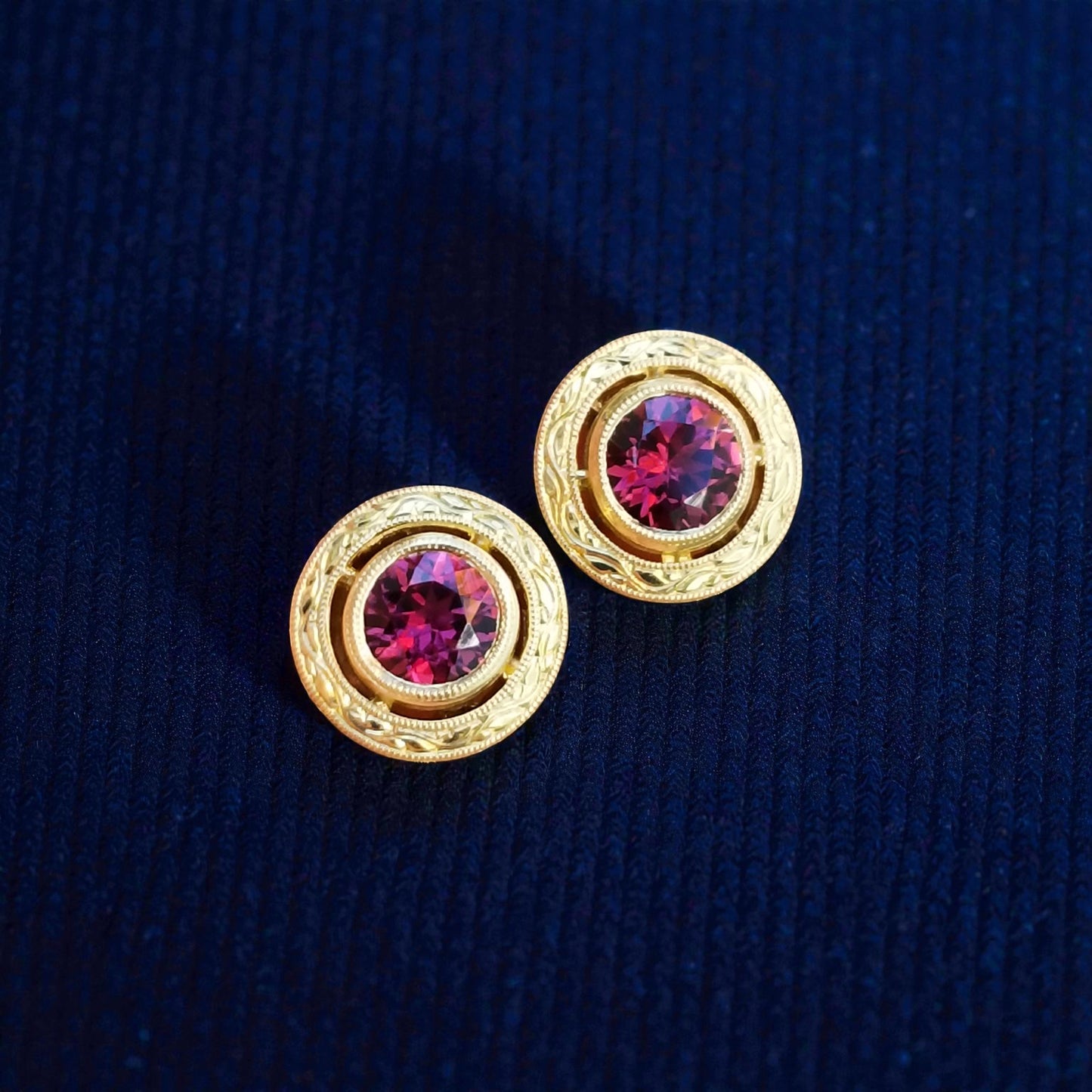 18kt Gold Engraved Earrings, set with a pair of Rhodolite Garnets. Made in the USA for Cynthia Scott Jewelry.