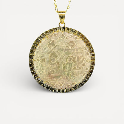 Antique Chinese Mother of Pearl Gambling Gaming Counter 18kt Pendant made in Florence, Italy by Cynthia Scott Jewelry