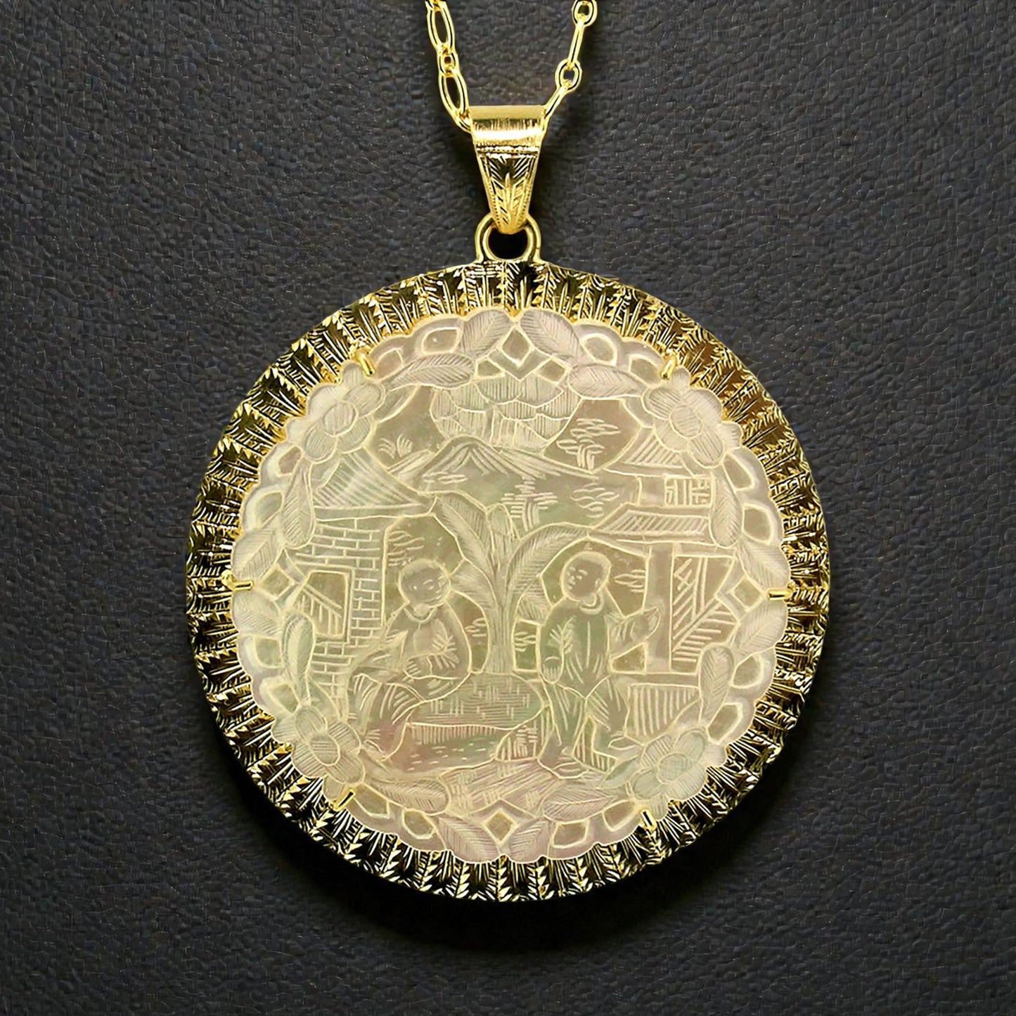 Antique Chinese Mother of Pearl Gambling Gaming Counter 18kt Pendant made in Florence, Italy by Cynthia Scott Jewelry
