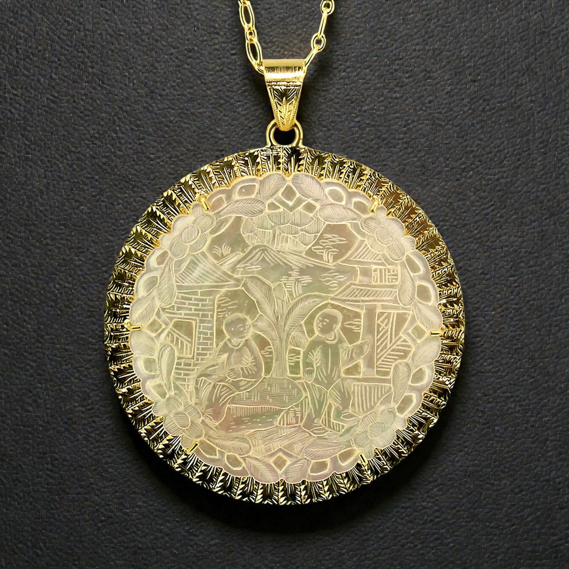 Antique Chinese Mother of Pearl Gambling Gaming Counter 18kt Pendant made in Florence, Italy by Cynthia Scott Jewelry