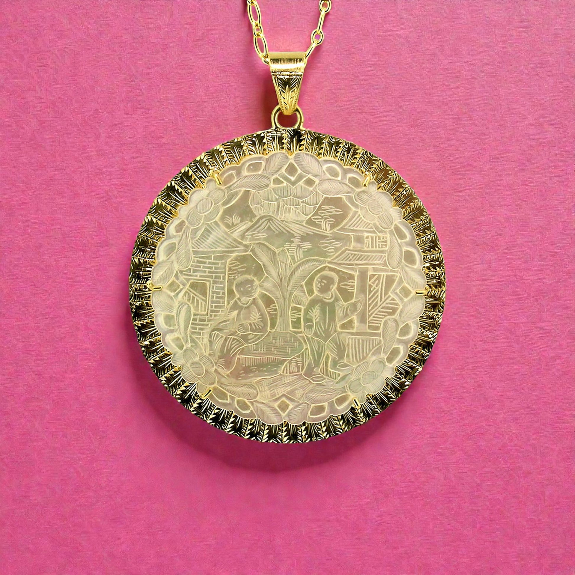 Antique Chinese Mother of Pearl Gambling Gaming Counter 18kt Pendant made in Florence, Italy by Cynthia Scott Jewelry